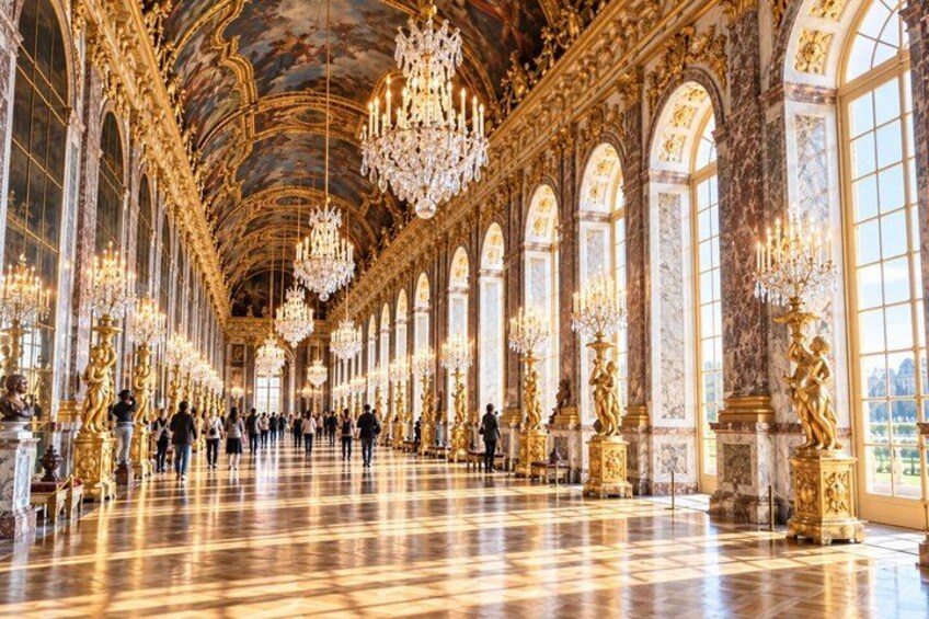 An opulent hall with high ceilings, ornate chandeliers, and marble columns. 2