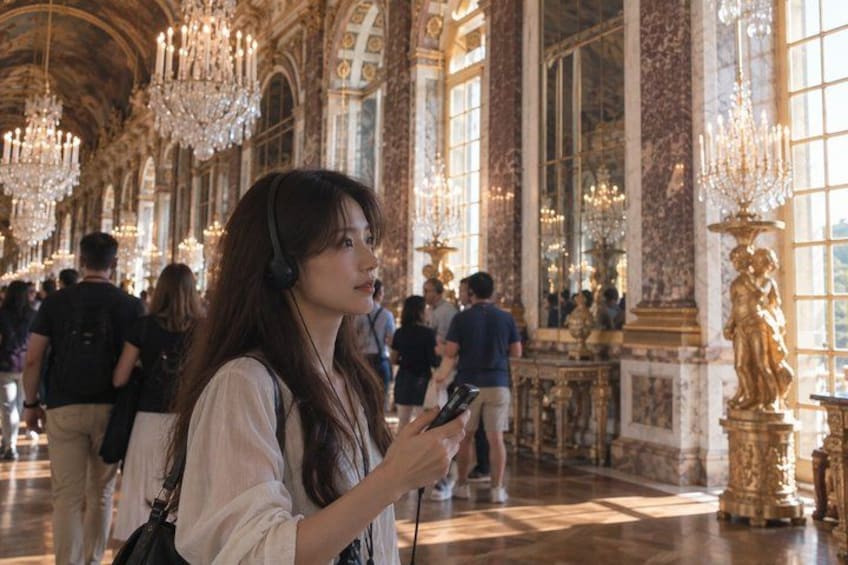 A grand hall with chandeliers, marble columns, and golden statues. 1