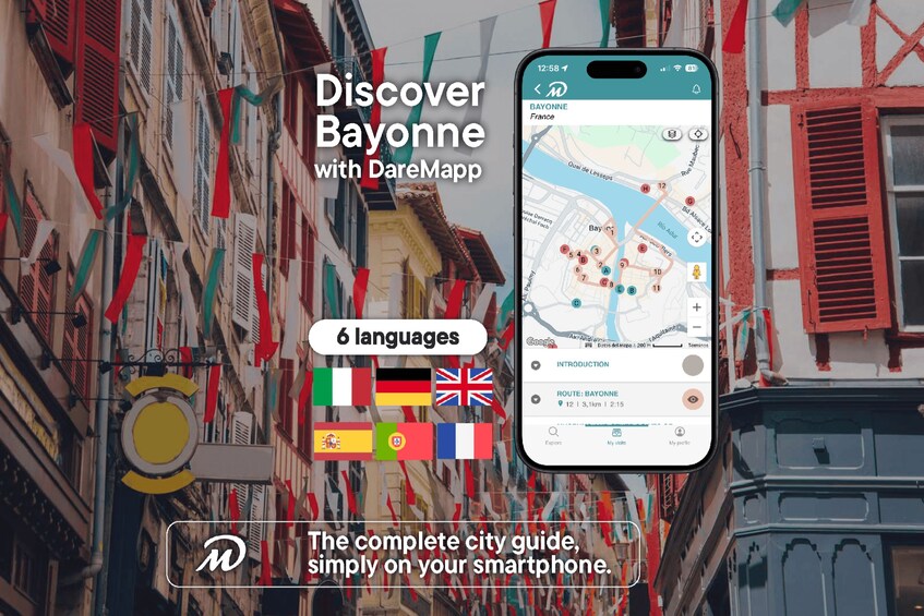 Un teléfono inteligente mostrando un mapa de Bayona, Francia, con una vista de calle de edificios coloridos al fondo. 1