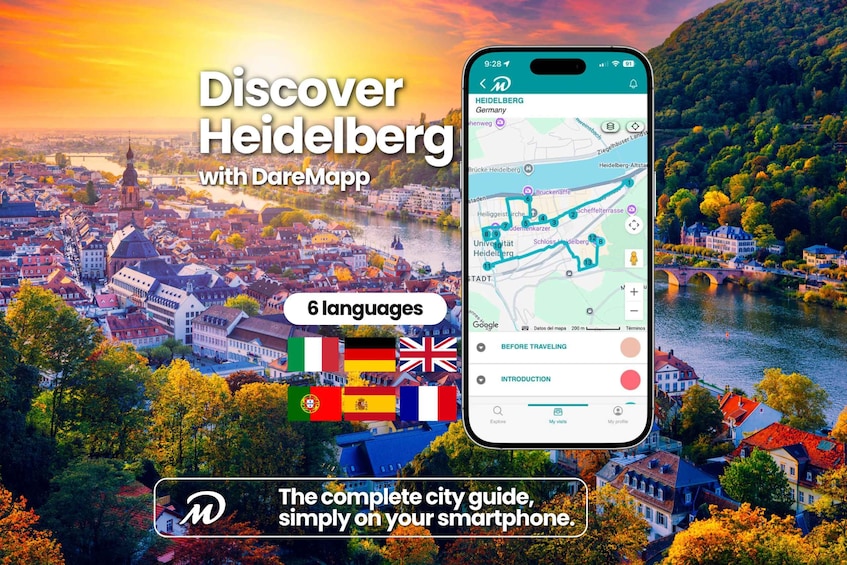 Un teléfono inteligente mostrando un mapa de Heidelberg, Alemania, con una vista panorámica de la ciudad al fondo. 1