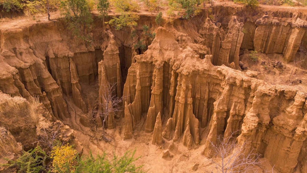 Un paisaje de cañón escarpado con riscos y vegetación escasa. 2