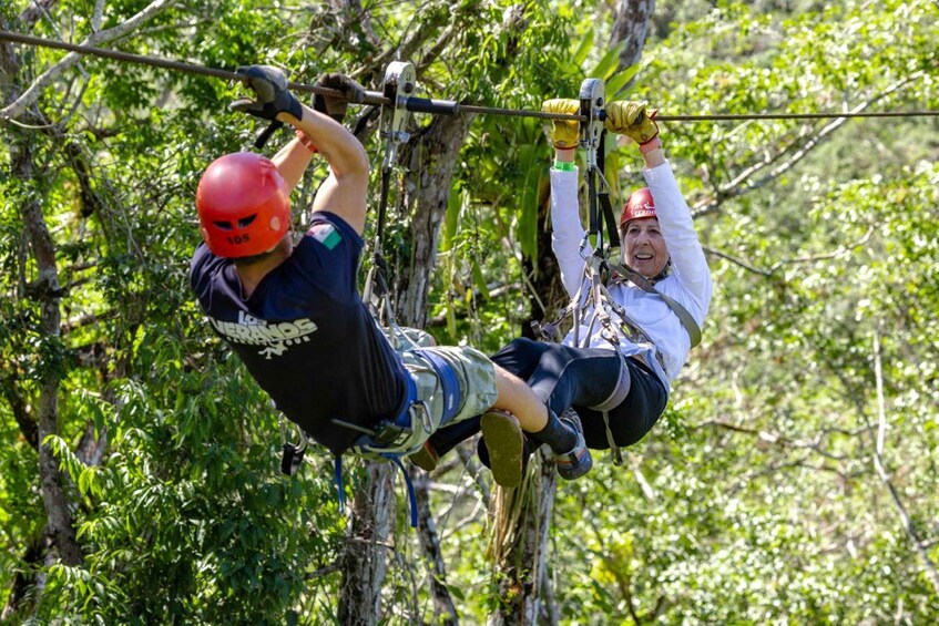 Dos personas realizando tirolesa, suspendidas entre los árboles. 4