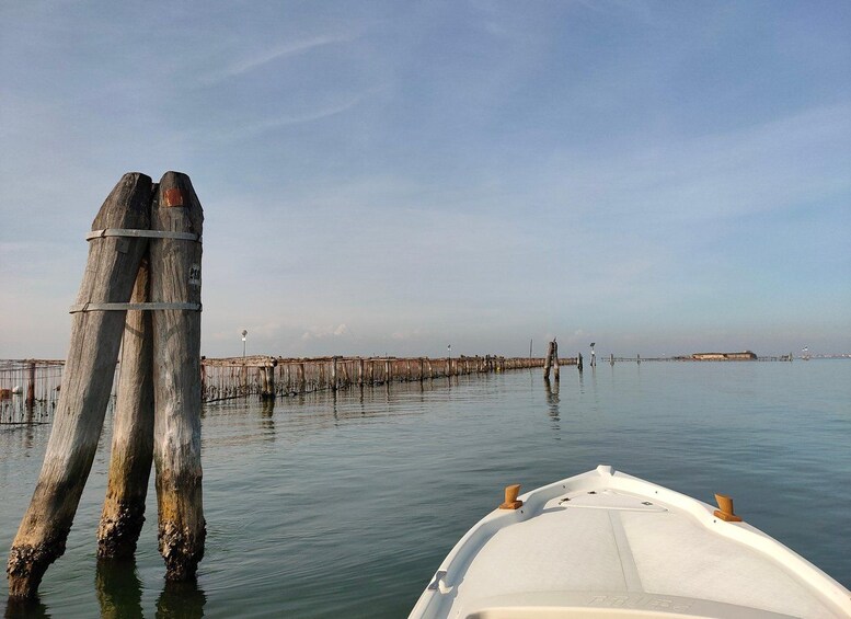 Un bote sobre aguas tranquilas con un muelle de madera que se extiende hacia la distancia. 4