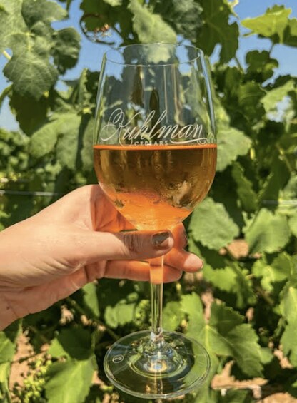 Una mano sostiene una copa de vino con la etiqueta 'Pahlman CEDARS' sobre un viñedo. 5