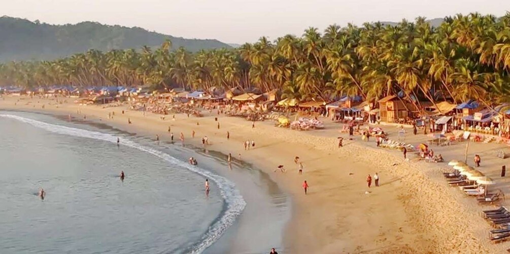 A beach with palm trees, beachgoers, and beachside huts. 3