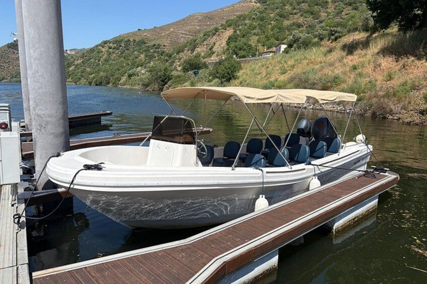 A boat docked at a pier with a wooden deck, surrounded by calm water and greenery. 5