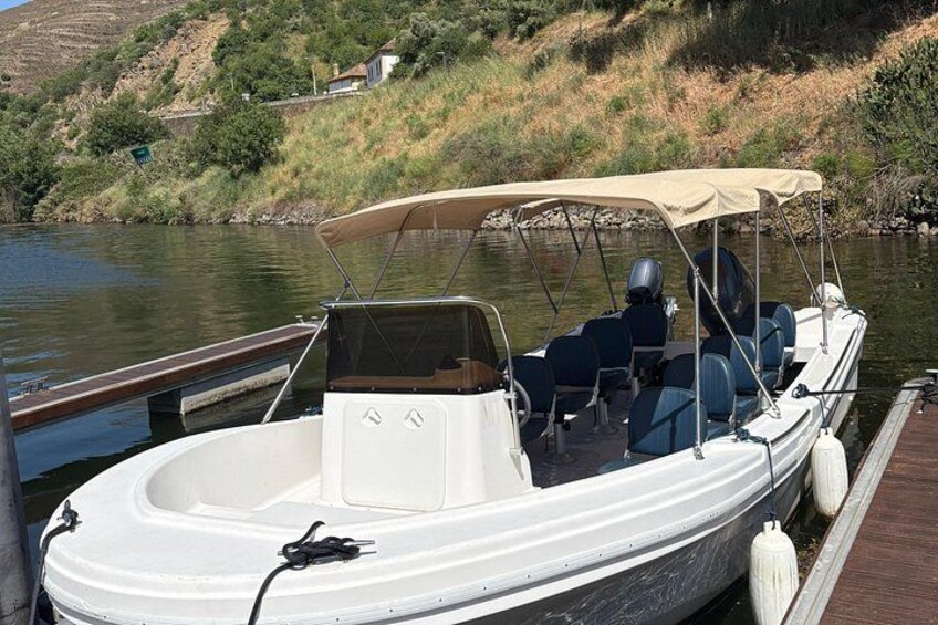 A small motorboat docked at a wooden pier with a canopy, surrounded by calm water and greenery. 4