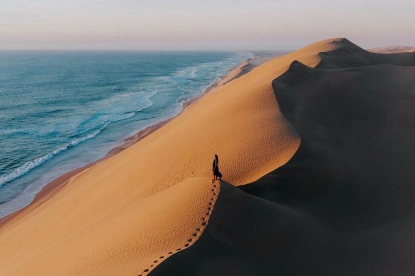 A person walking along a sand dune near a beach. 4
