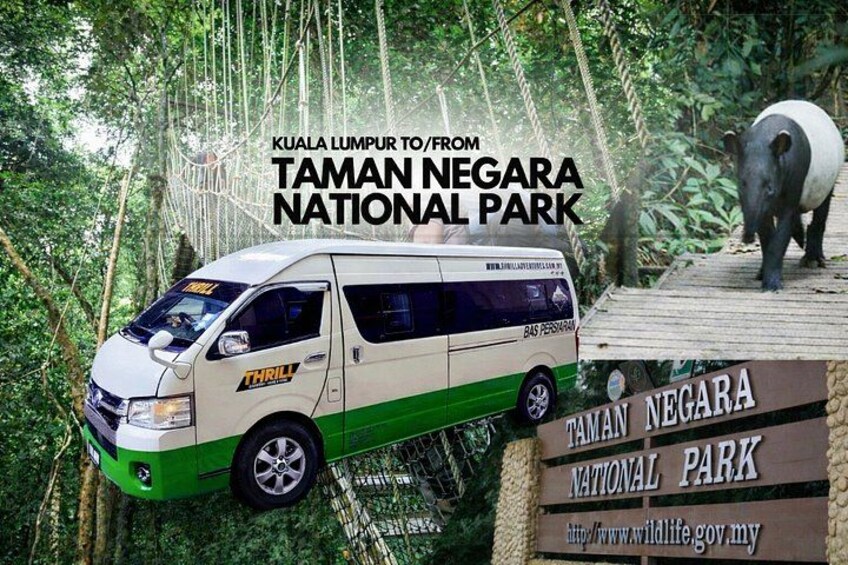 A van with 'THRILL' branding parked near a sign for Taman Negara National Park. 1