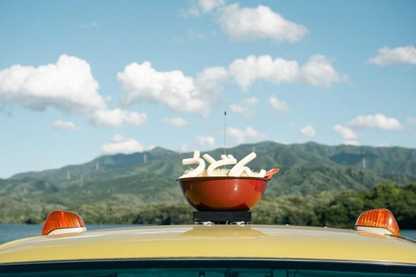 A car with a red bowl on the roof, a mountain range in the background, and a clear sky. 2