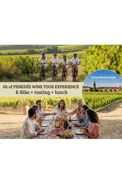 Un grupo de personas en bicicletas eléctricas en un viñedo, una mesa con comida y vino, y un edificio con la leyenda 'Caves Ventura Soler'. 1