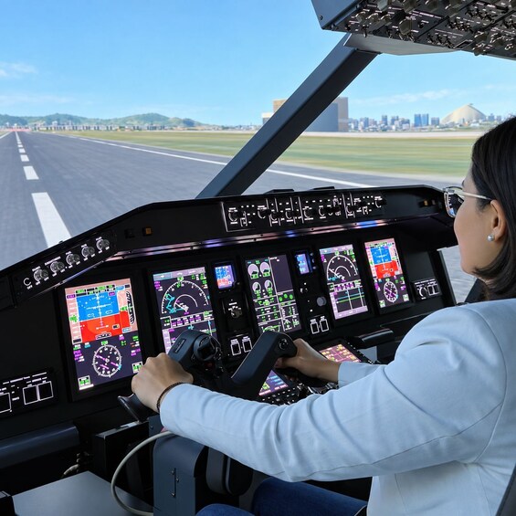 A person in a cockpit with multiple screens displaying flight information. 1