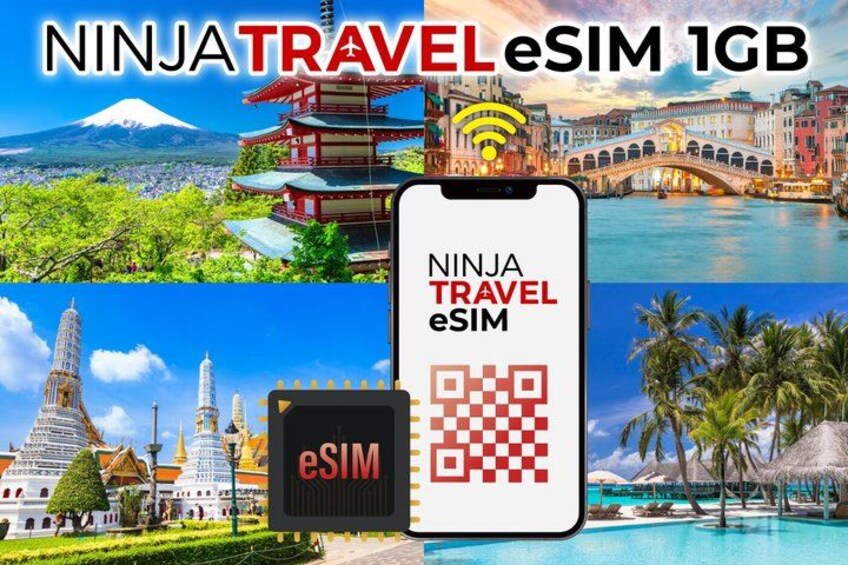 A smartphone with the text 'NINJA TRAVEL eSIM 1GB' and various travel destinations. 4