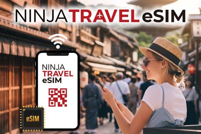 A person using a smartphone with a QR code and the text 'NINJA TRAVEL eSIM' in a busy outdoor market setting. 1