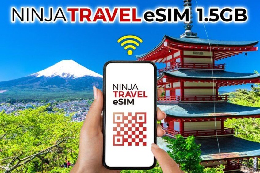 A hand holding a smartphone with a QR code and the text 'NINJA TRAVEL eSIM 1.5GB' against a background of Mount Fuji and a traditional Japanese pagoda. 3