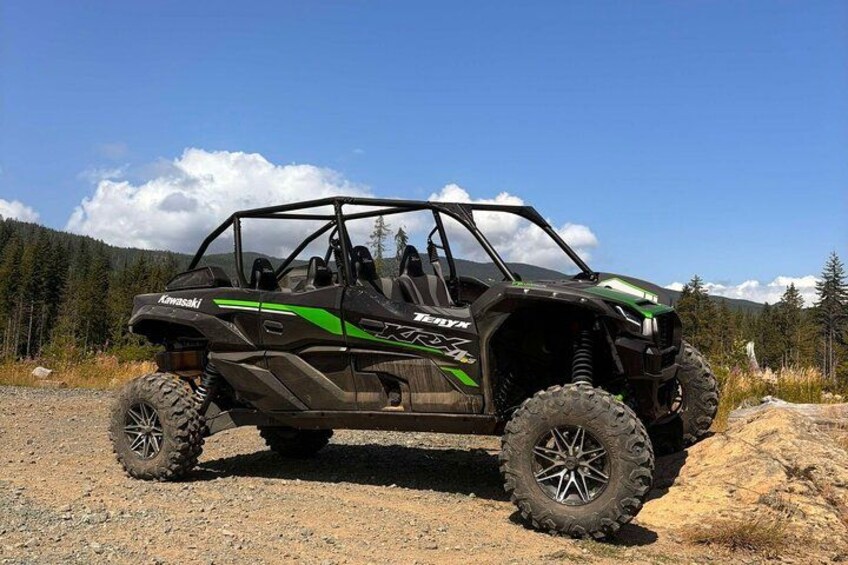 A Kawasaki ATV in a rugged outdoor setting with a clear sky and forested background. 3