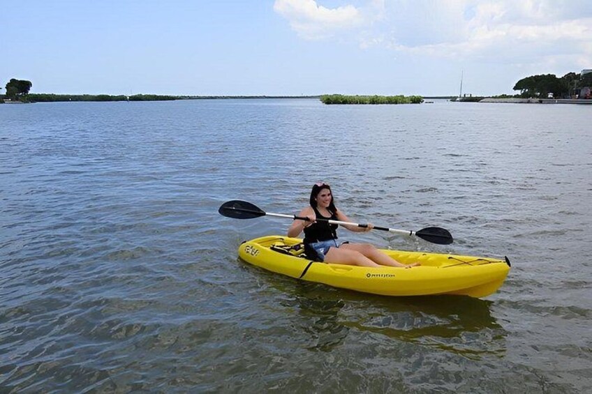A person kayaking on a calm body of water with a distant shoreline and vegetation. 2