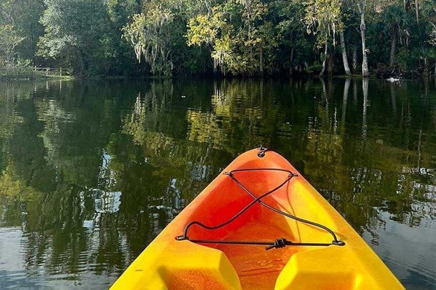 A yellow kayak with a red and black paddle on calm water with trees in the background. 1