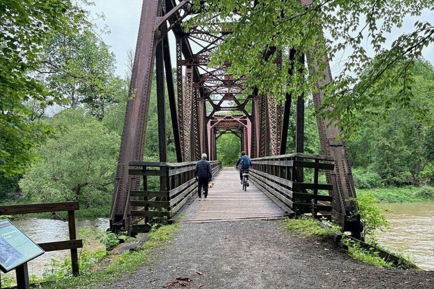 A metal bridge with a wooden walkway, surrounded by greenery and a river. 4