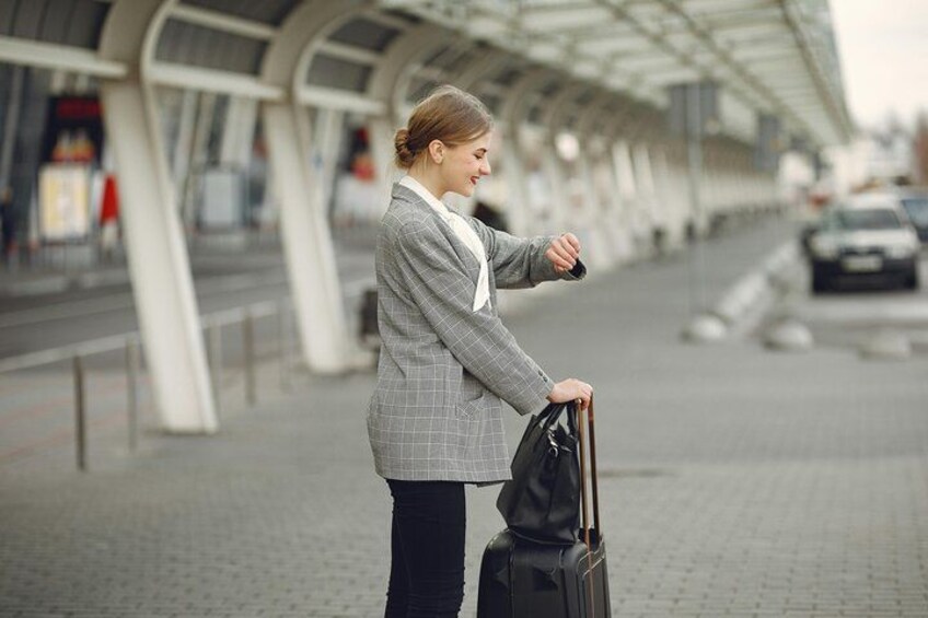A person with a suitcase at an airport terminal. 1