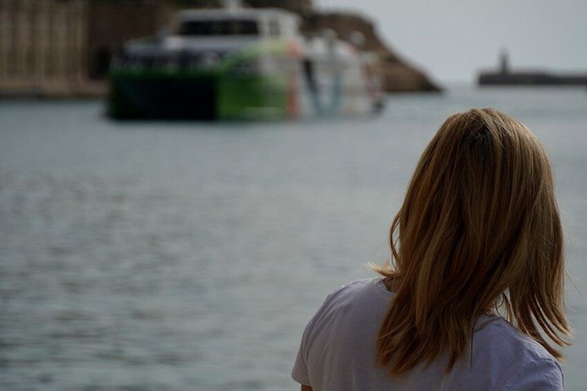 A person with long hair facing a body of water with a green and white boat in the distance. 1