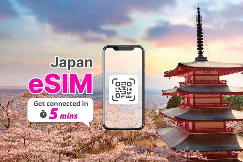 A smartphone with a QR code, a traditional Japanese pagoda, cherry blossoms, and a sunset sky. 1