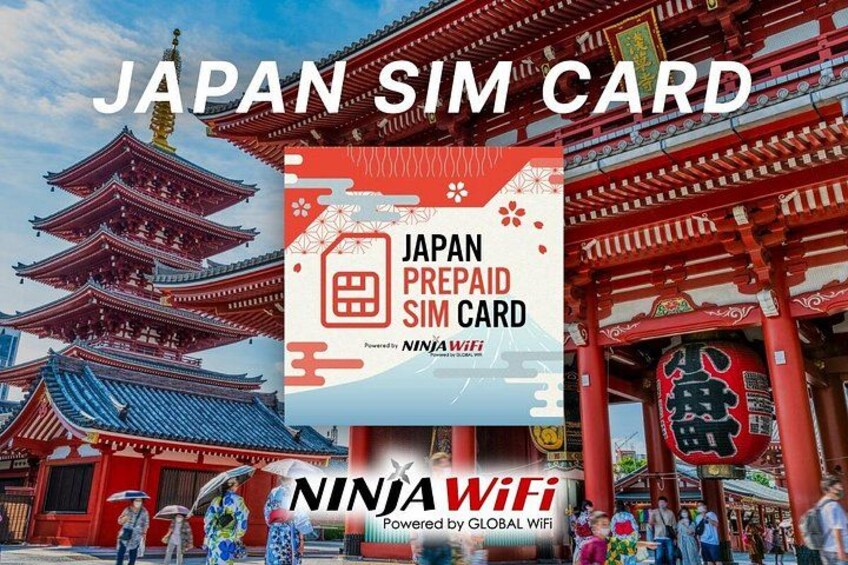 A traditional Japanese pagoda, a red torii gate, and a sign for a prepaid SIM card. 1