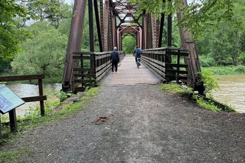 A pedestrian bridge over a river, surrounded by greenery. 4