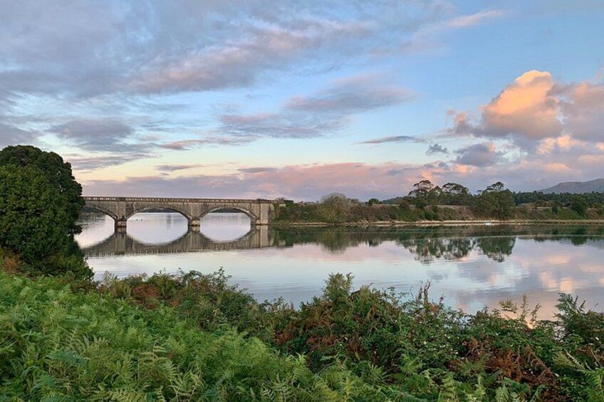 A bridge over a calm lake with reflections, surrounded by greenery and trees. 3