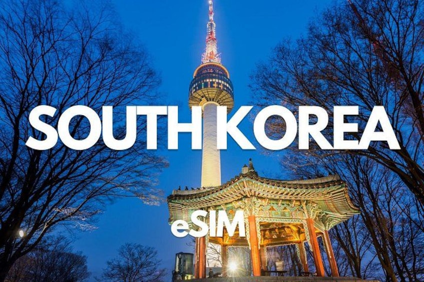 A tower with a lit spire, a traditional Korean pavilion, and the text 'SOUTH KOREA'. 1