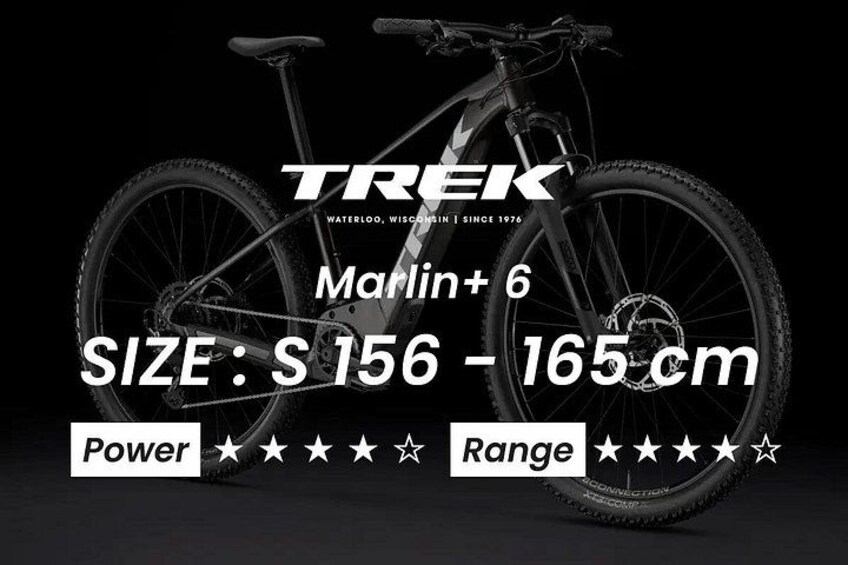 A TREK Marlin+6 mountain bike with size S 156 - 165 cm, featuring a black frame and tires. 1