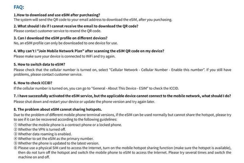 A list of frequently asked questions (FAQ) about using eSIM technology. 5