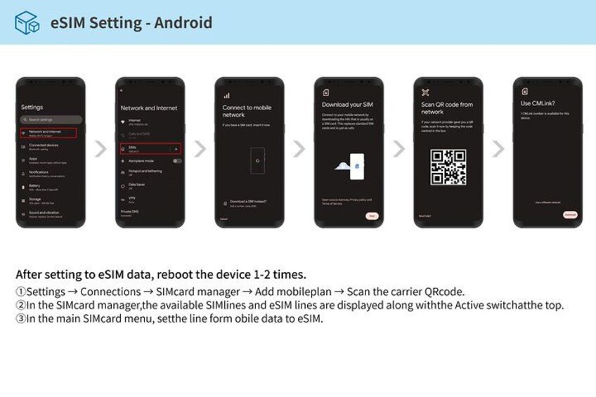 A smartphone with a settings menu, SIM card manager, and QR code scanning interface. 3