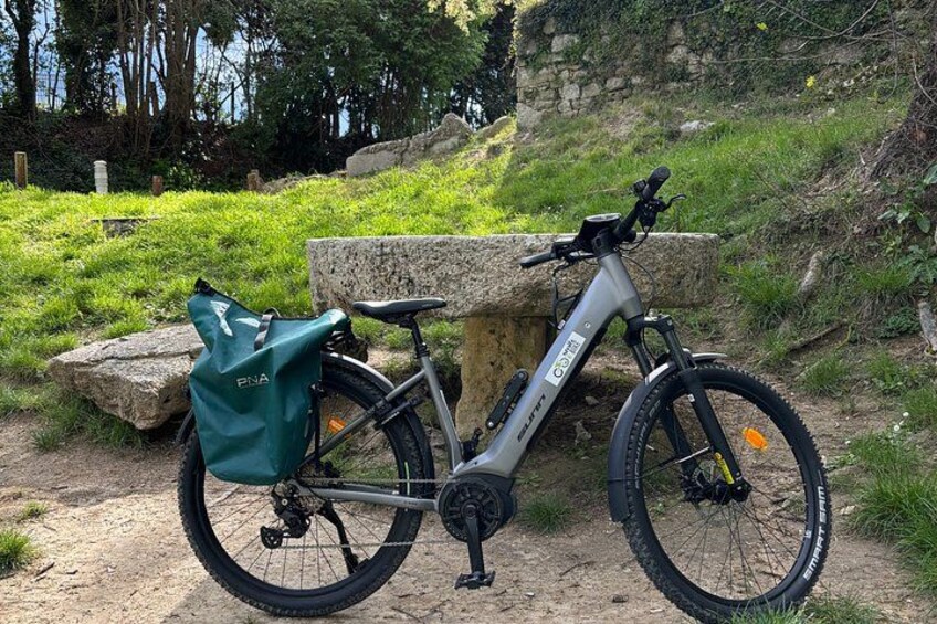 A mountain bike parked on a dirt path with a green bag attached to the rear. 1