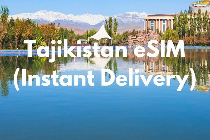 A serene lake with mountains in the background, a traditional building, and the text 'Tajikistan eSIM (Instant Delivery)'. 1