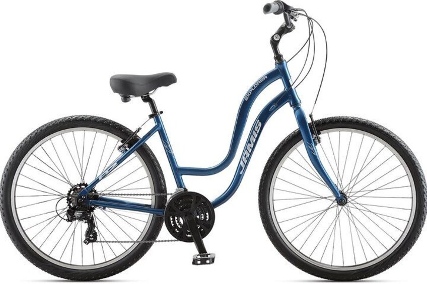 A blue bicycle with a black seat, front and rear wheels, and a chain. 2