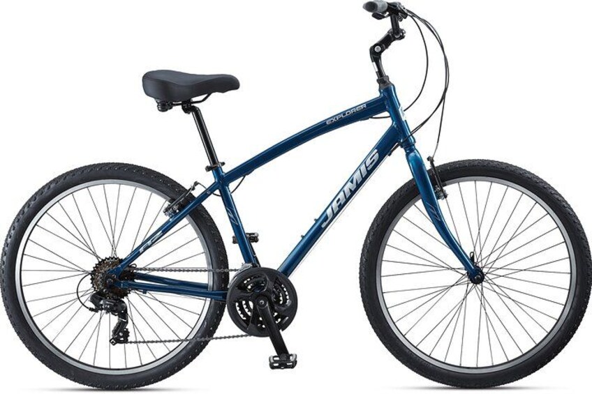 A blue bicycle with a black seat and tires, a chain, and a gear system. 1