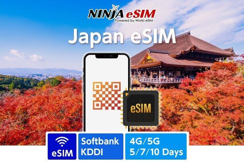 A smartphone with eSIM technology, a QR code, and a traditional Japanese building in the background. 1