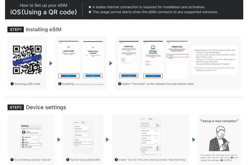 A step-by-step guide for setting up an eSIM on iOS using a QR code. 2