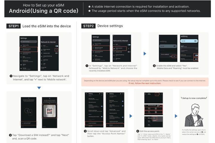 A step-by-step guide for setting up an eSIM on an Android device using a QR code. 3