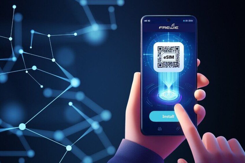 A hand holding a smartphone with a QR code and the word 'eSIM' on the screen. 4