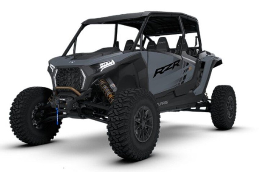 A black off-road vehicle with large tires and a rugged design. 2