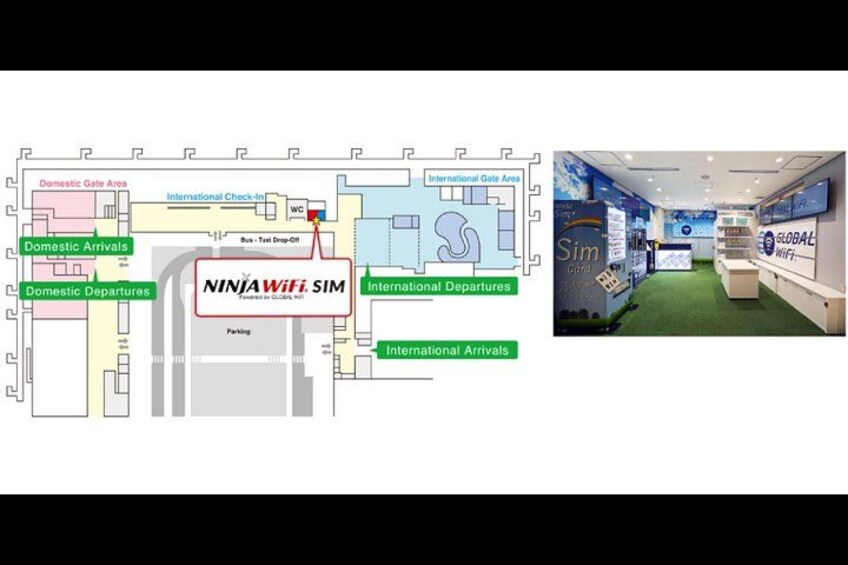 A layout of an airport terminal with domestic and international gates, a bus drop-off area, and a Ninja WiFi SIM kiosk. 3
