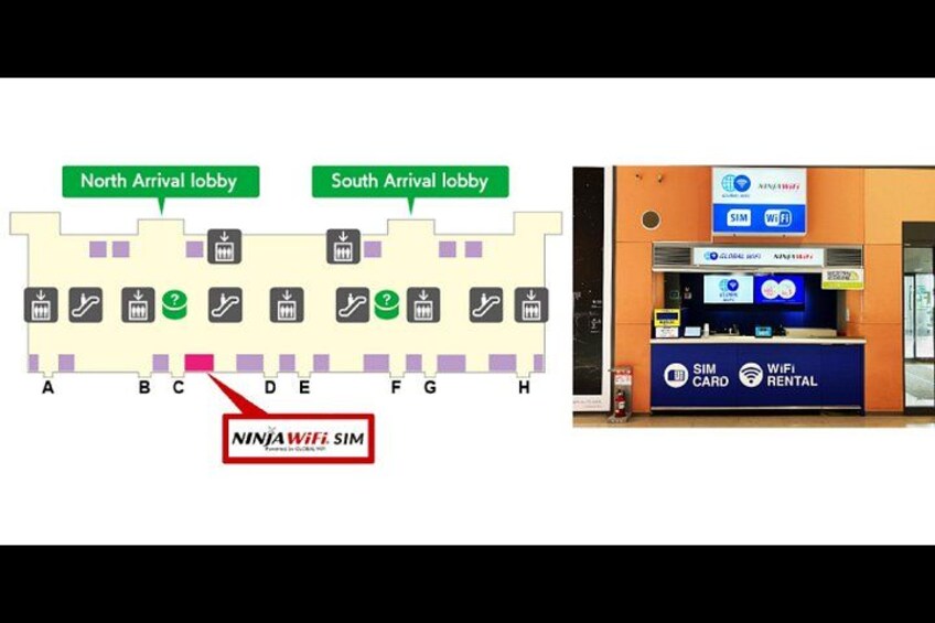 A map of a building's arrival lobby with labeled sections A to H and a SIM card rental kiosk. 2