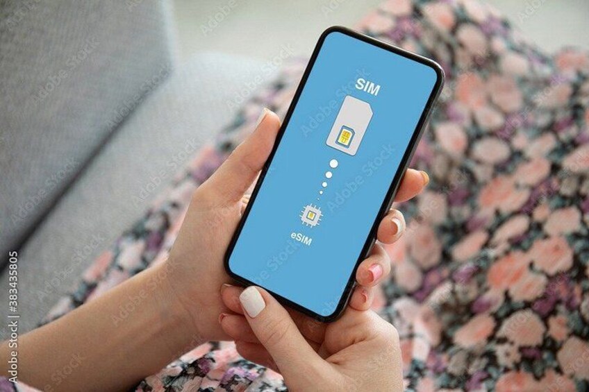 A person holding a smartphone displaying a SIM card interface. 3