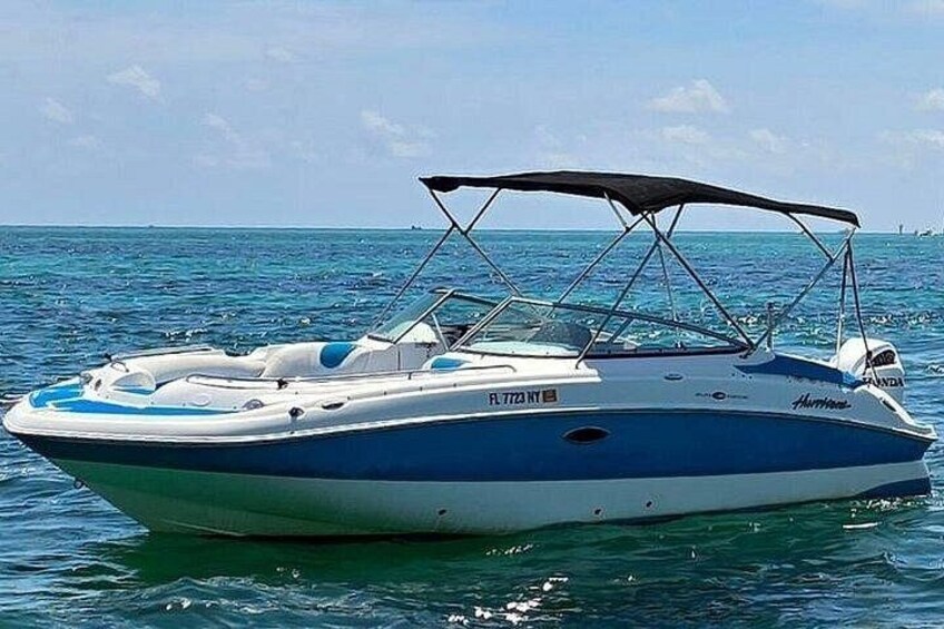 A speedboat with a blue and white color scheme, a canopy, and the name 'Horizon' on the side. 1