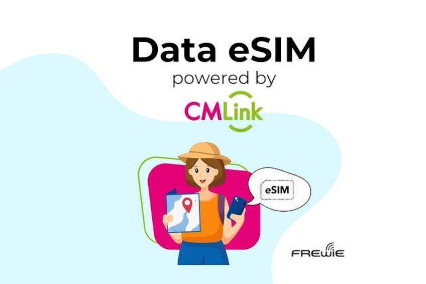 A woman holding a map and a smartphone with the text 'Data eSIM powered by CMLink' and 'FREWIE' visible. 1