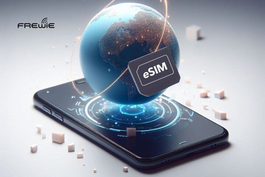 A smartphone with a globe and eSIM logo on its screen. 3