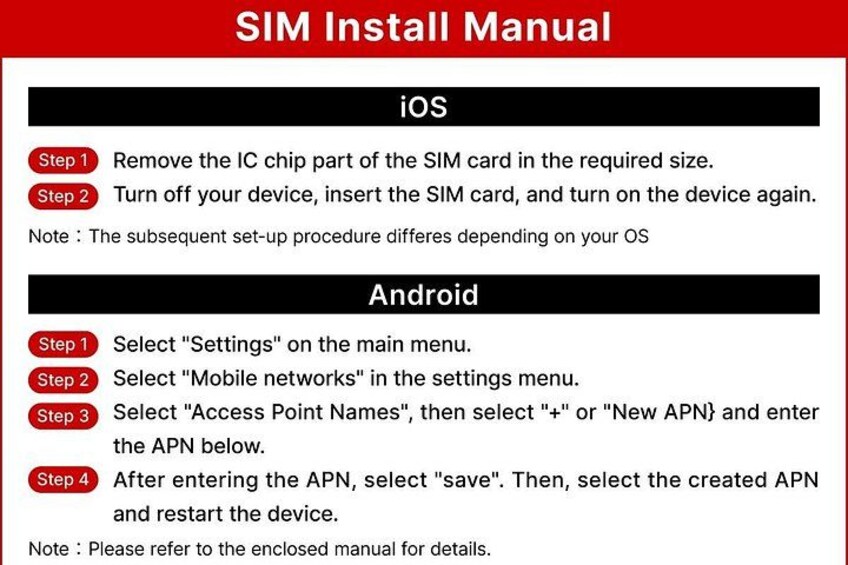 A SIM Install Manual with steps for iOS and Android devices. 3