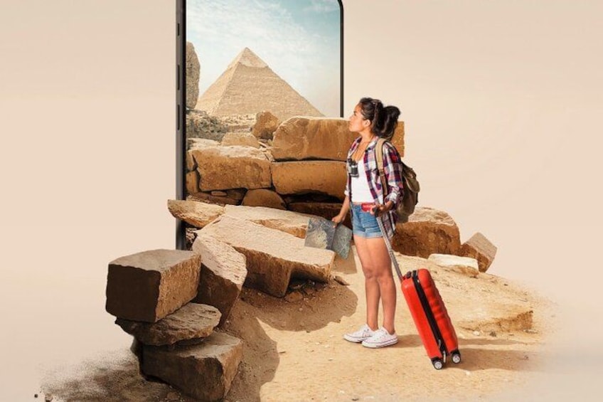 A person standing in front of a large mirror with a desert landscape reflected in it, including a pyramid. 1